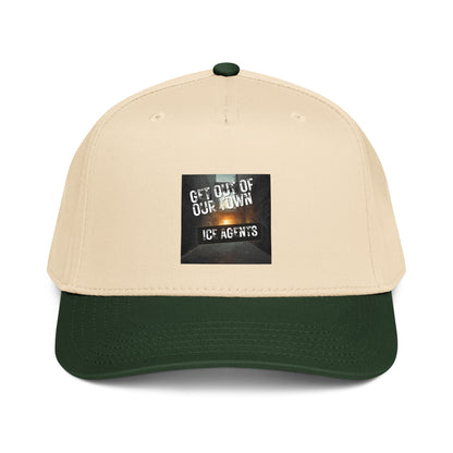 Natural and dark green 5-panel cap with front “ICE AGENTS” graphic