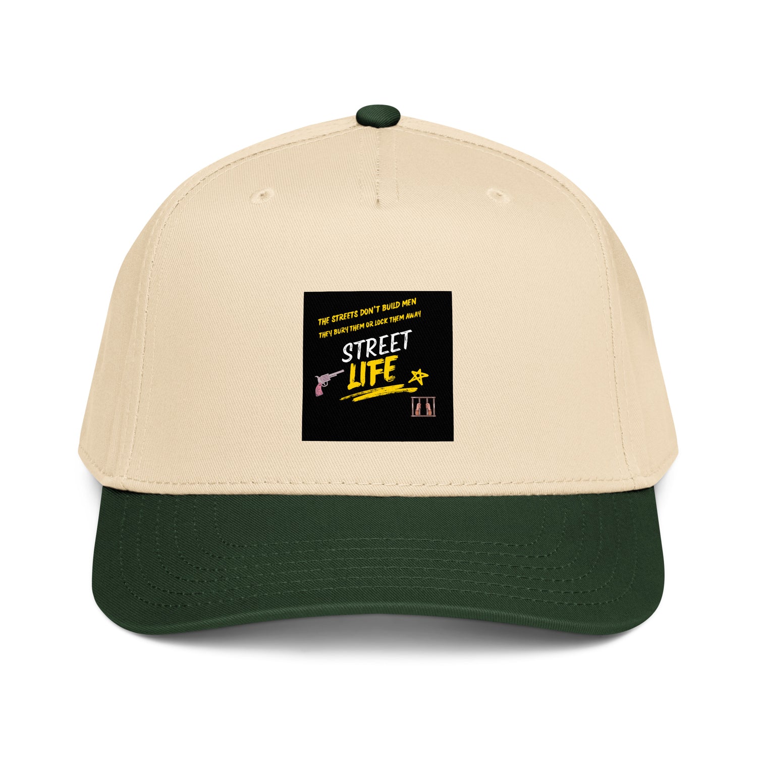 Dark green and natural 5-panel cap with front logo patch and curved brim.