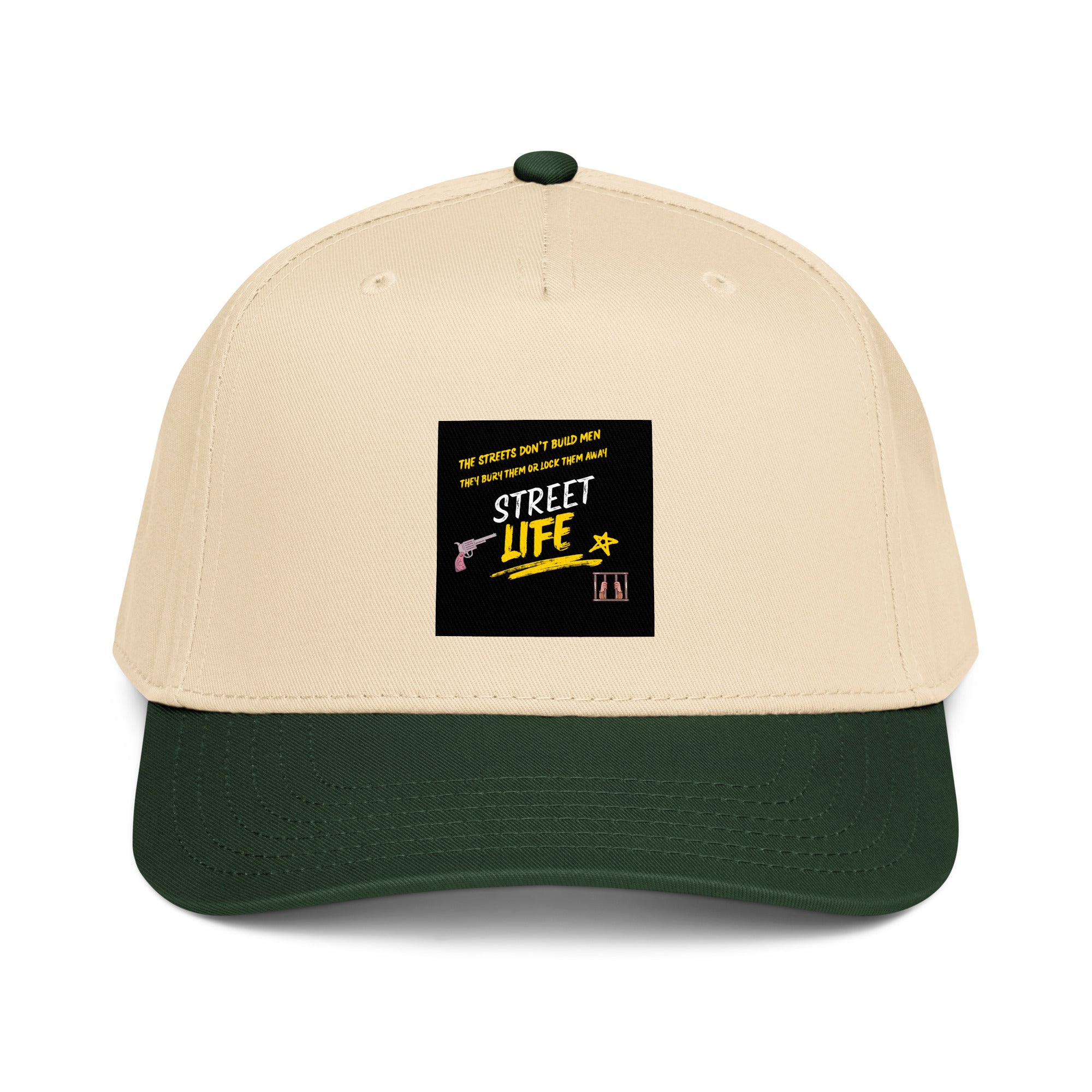 Dark green and natural 5-panel cap with front logo patch and curved brim.