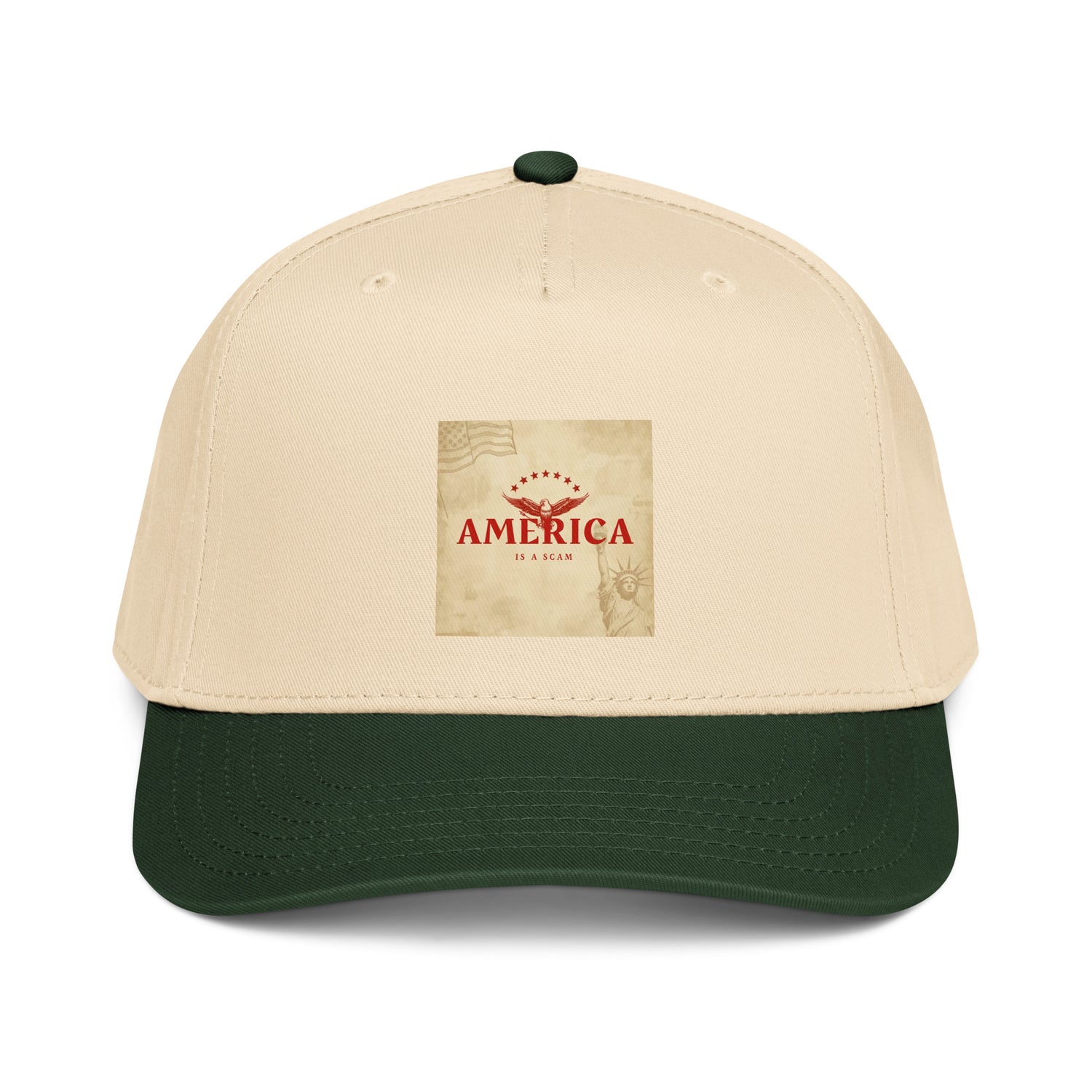 Natural/cream and dark green 5-panel cap with front America graphic patch