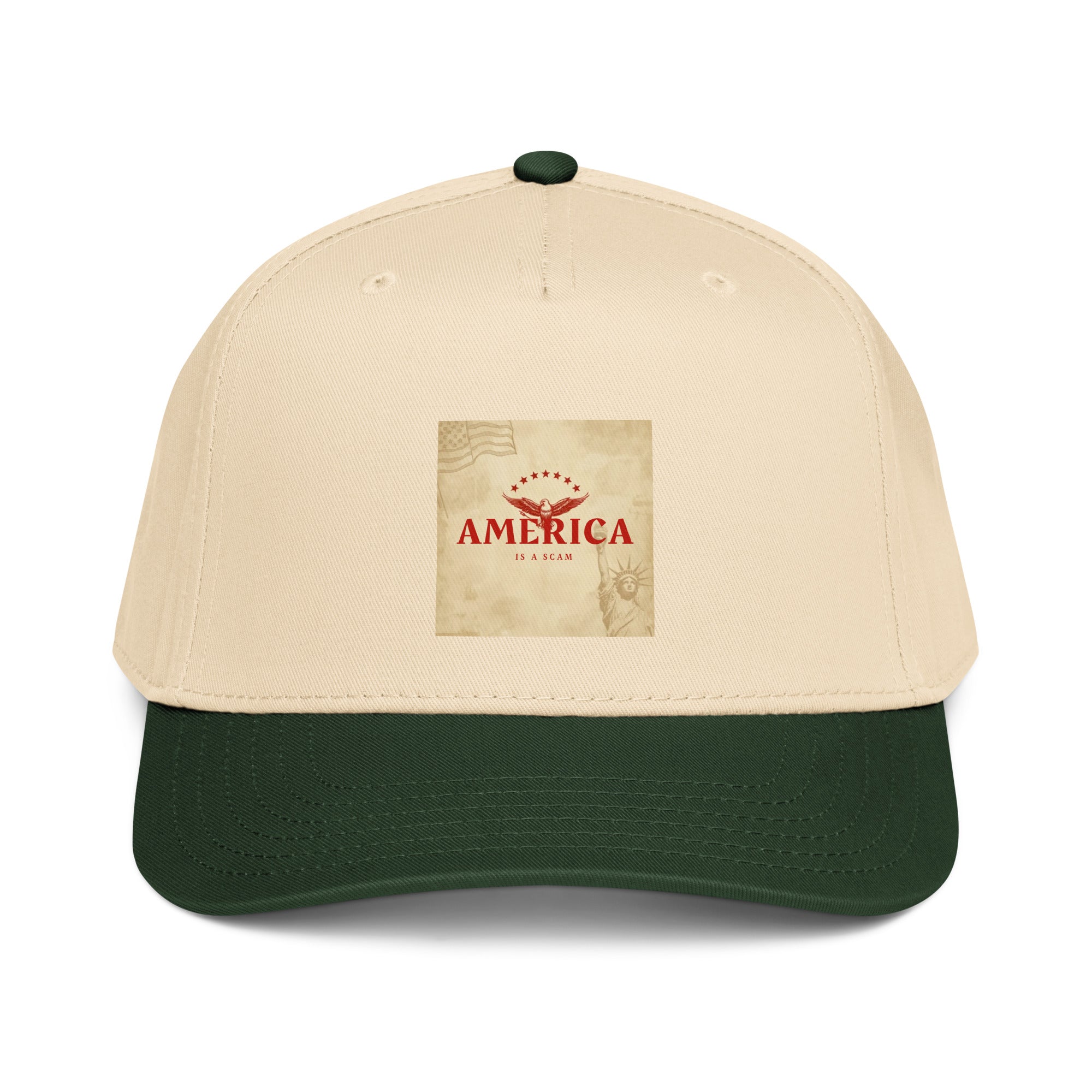 Natural/cream and dark green 5-panel cap with front America graphic patch