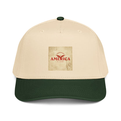 Natural/cream and dark green 5-panel cap with front America graphic patch