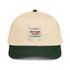 Black 5-panel cap side panel with slogan patch and stitched curved brim