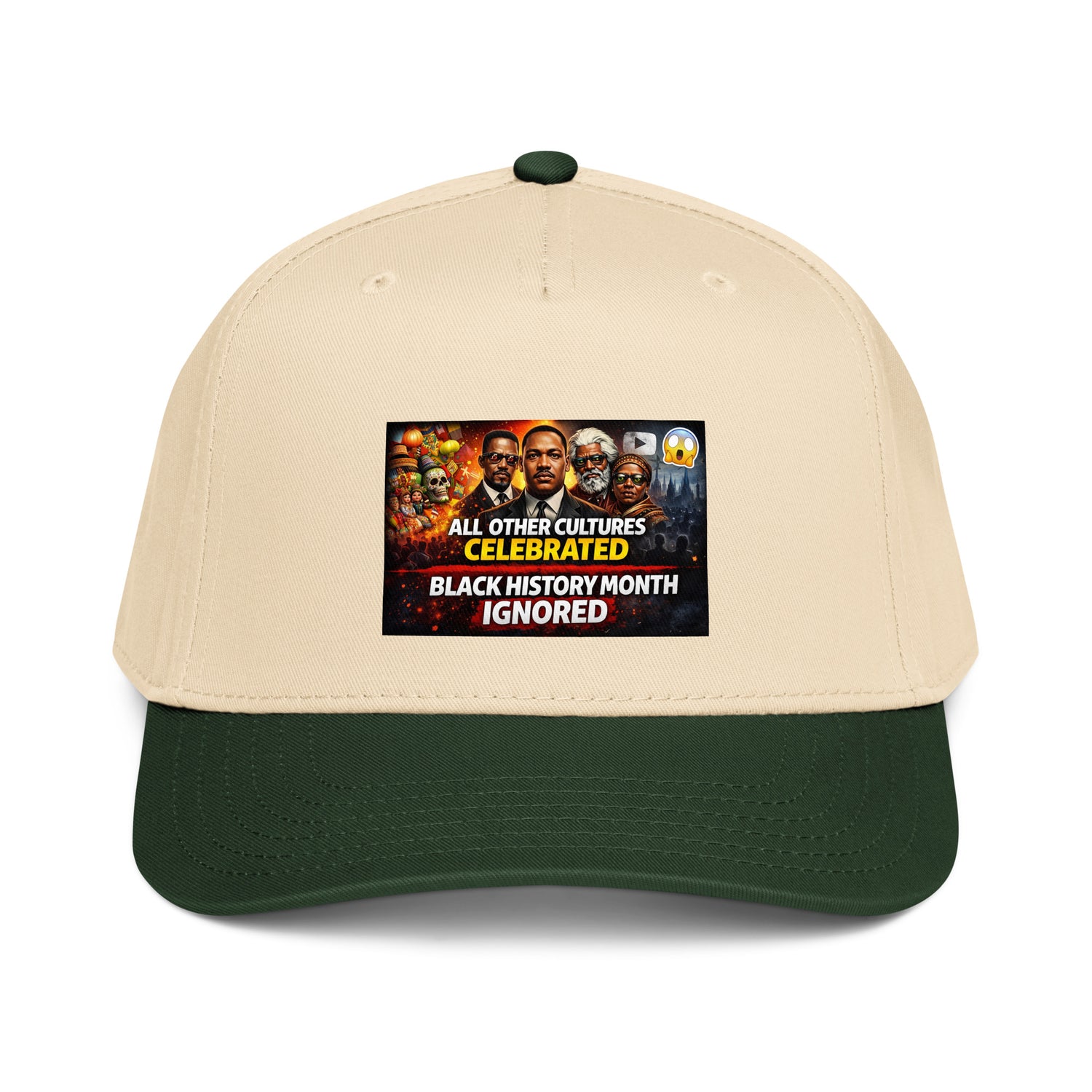 Black History Month 5 panel cap, natural crown with dark green brim and graphic patch