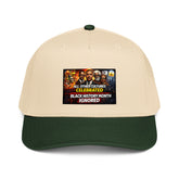 Tan 5-panel baseball cap with green button, front patch graphic, curved brim