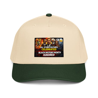 Black History Month 5 panel cap, natural crown with dark green brim and graphic patch