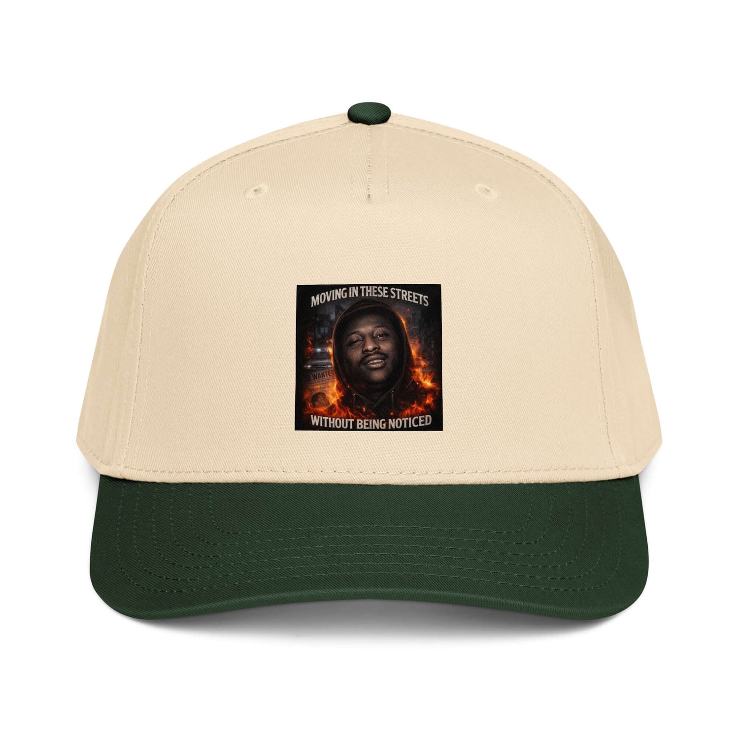 Black 5-panel cap front graphic patch on crown