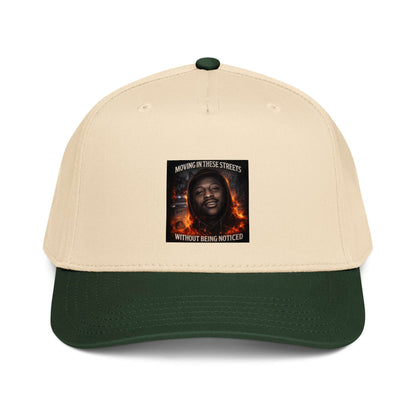 Black 5-panel cap front graphic patch on crown