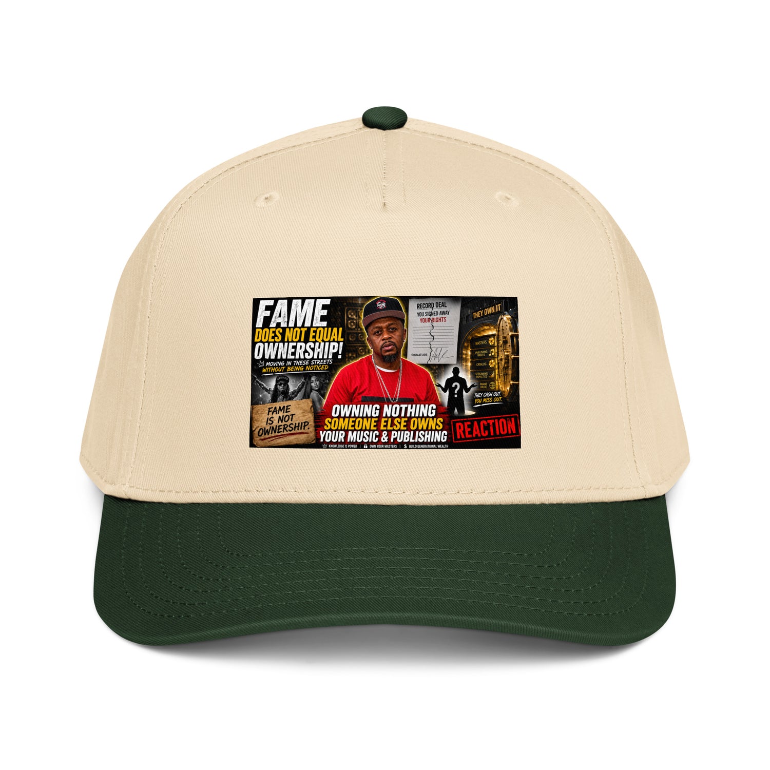Dark green and natural 5-panel baseball cap with front graphic logo patch
