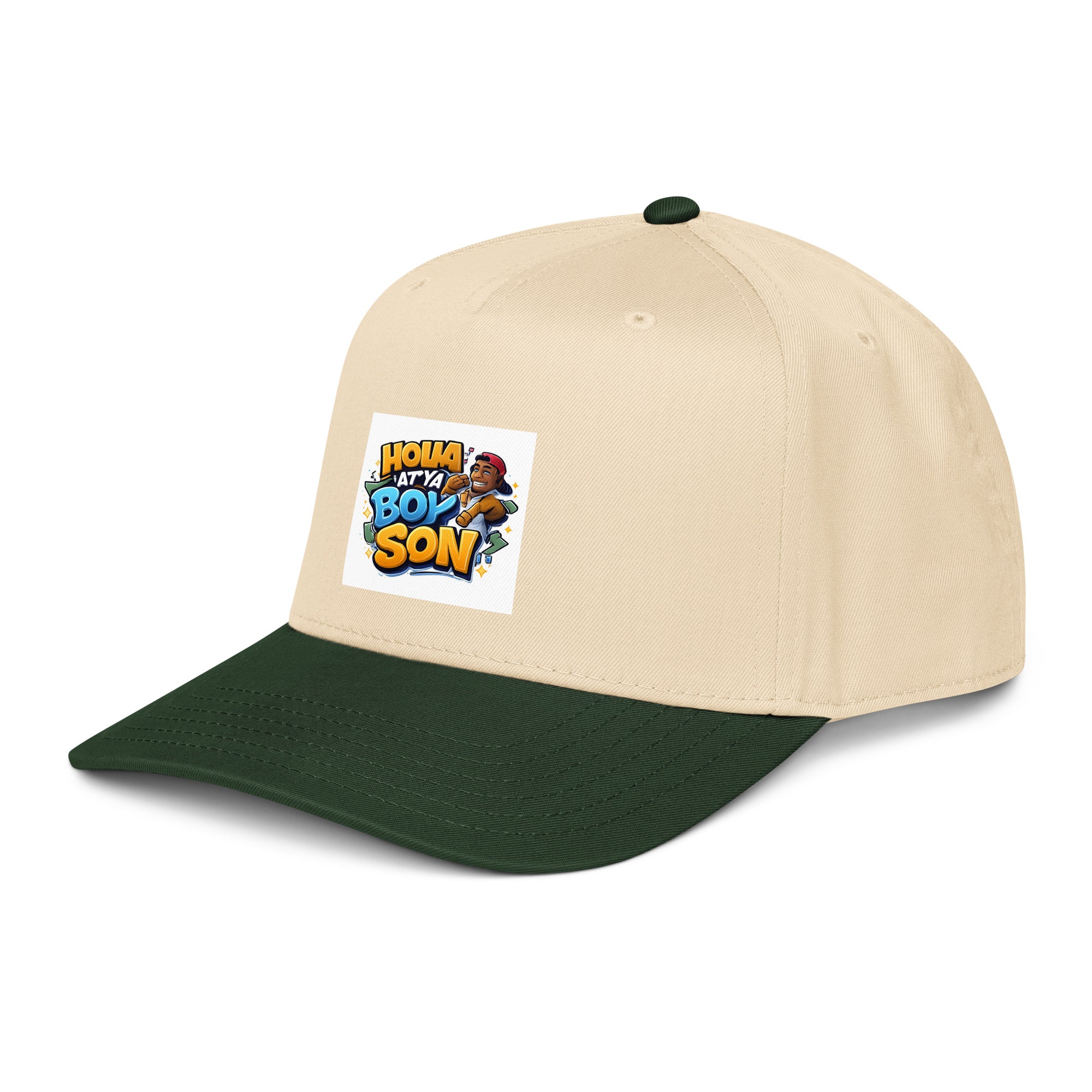 Tan and dark green 5-panel cap with front logo patch and curved brim