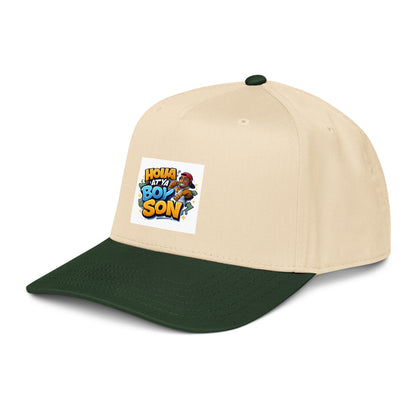 Tan and dark green 5-panel cap with front logo patch and curved brim