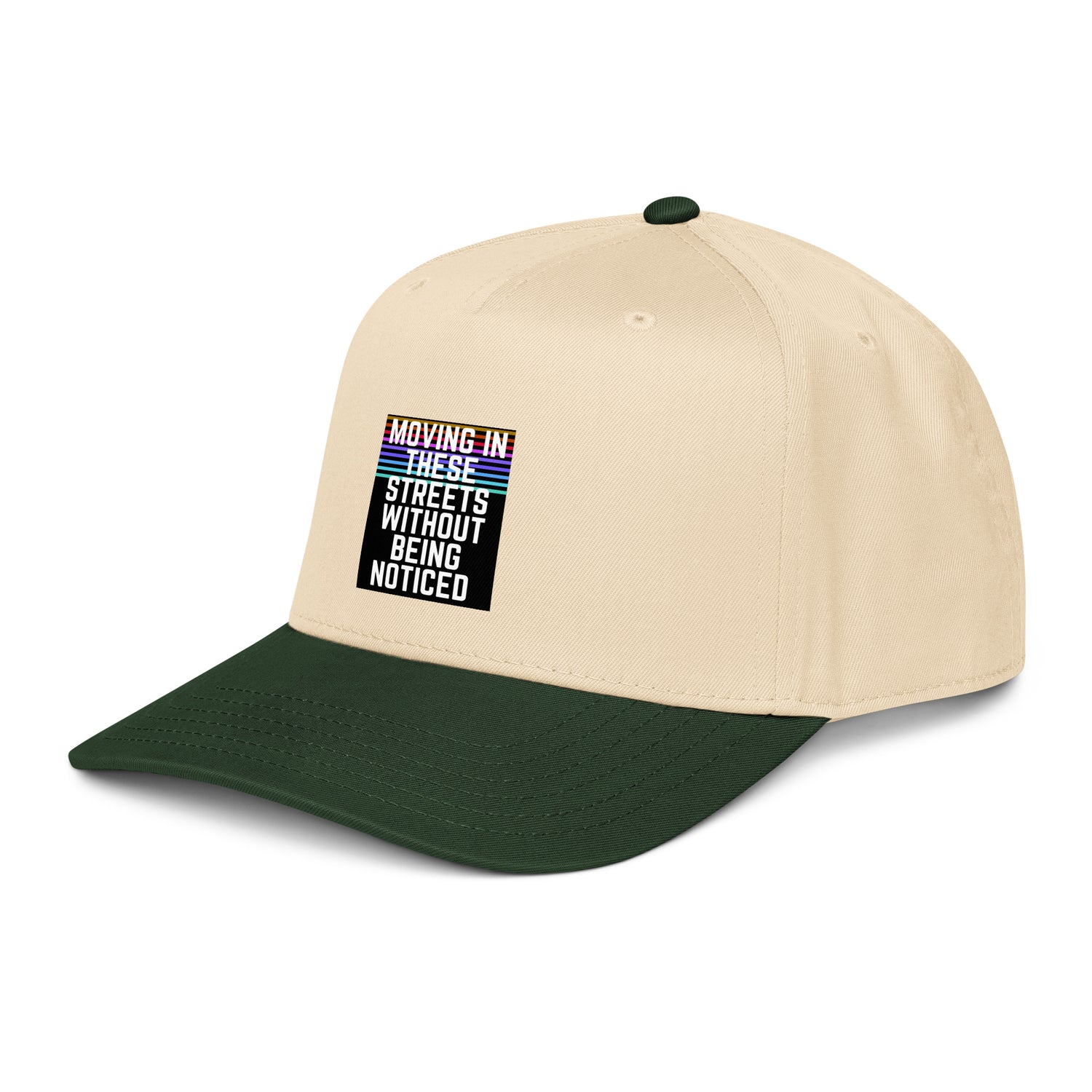 Cream crown with dark green brim 5-panel cap and side graphic