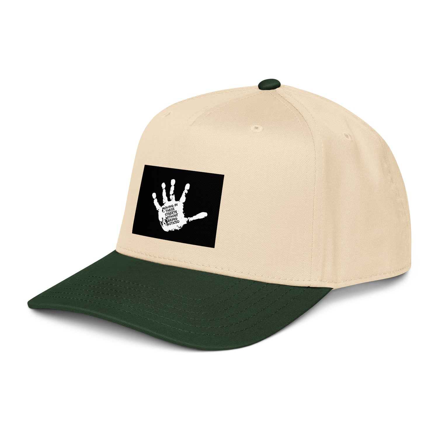 5-panel cap in natural with dark green brim and side logo patch