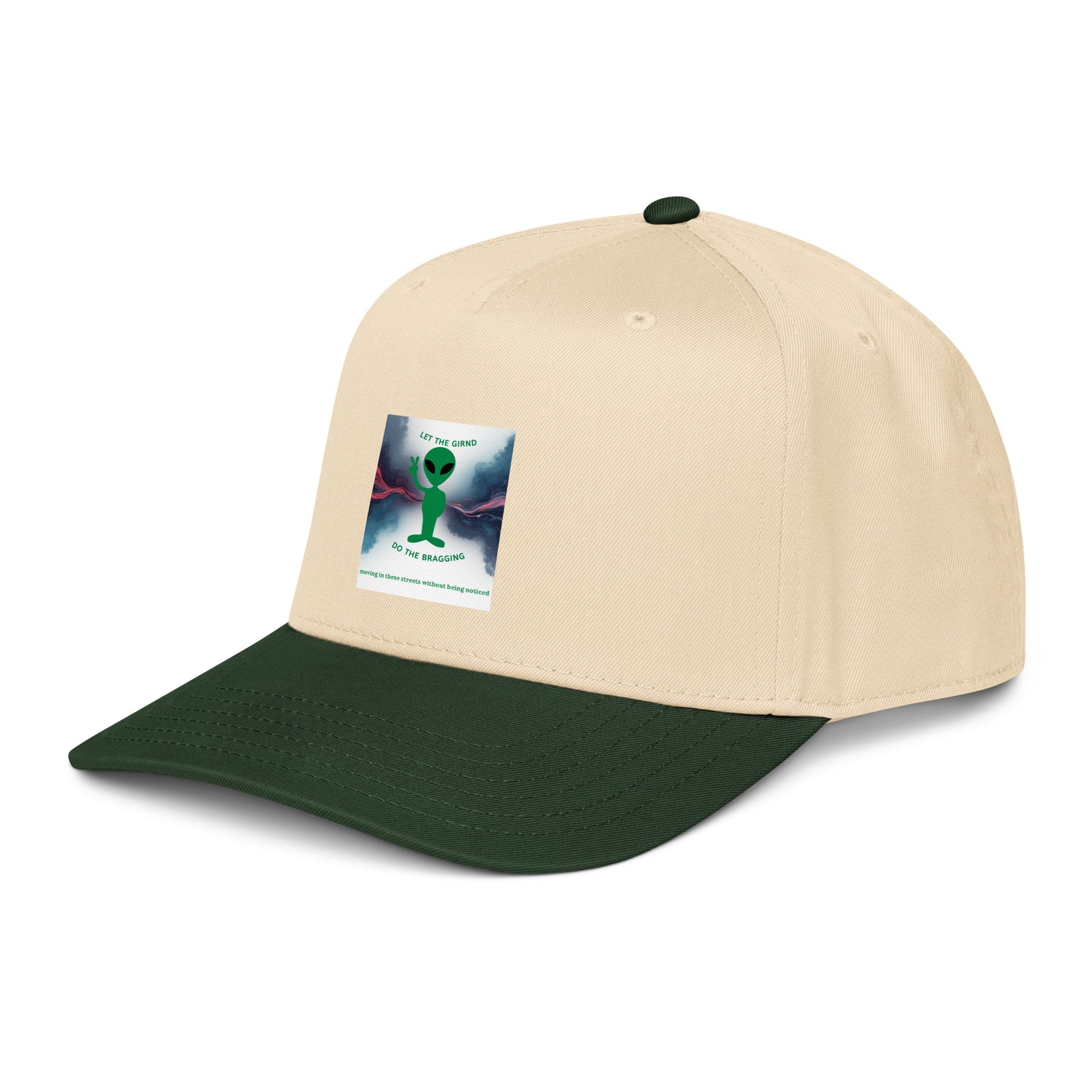 Beige crown with dark green brim, 5-panel cap and front graphic patch