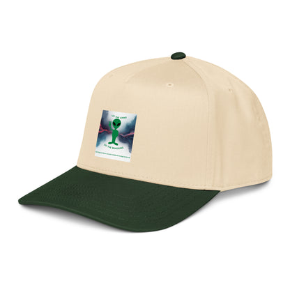 Beige crown with dark green brim, 5-panel cap and front graphic patch