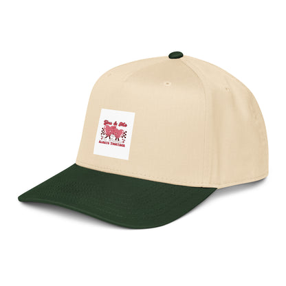 Off-white and dark green 5-panel cap with front logo patch and curved brim
