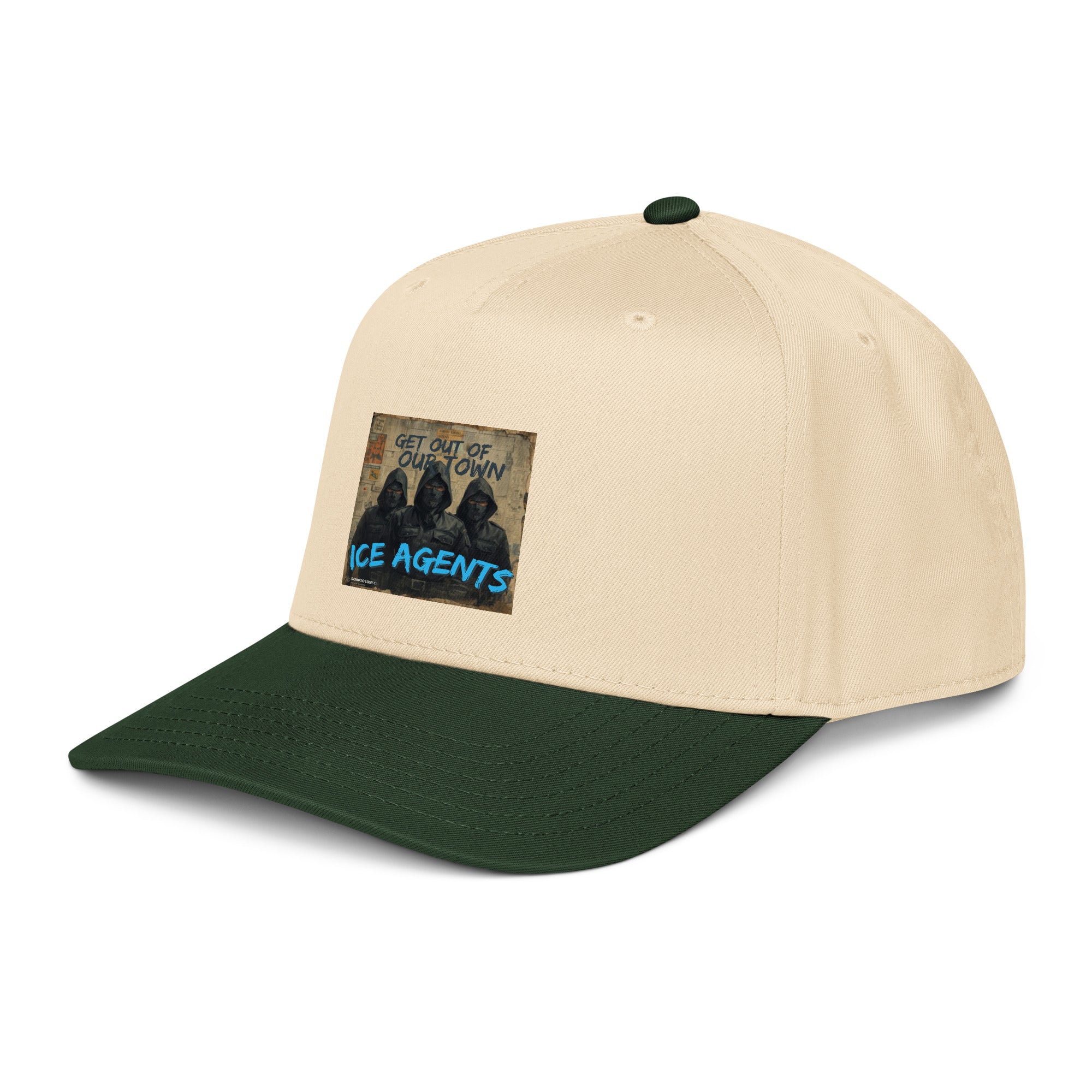 5-panel cap dark natural/cream with dark green brim and “ICE AGENTS” patch