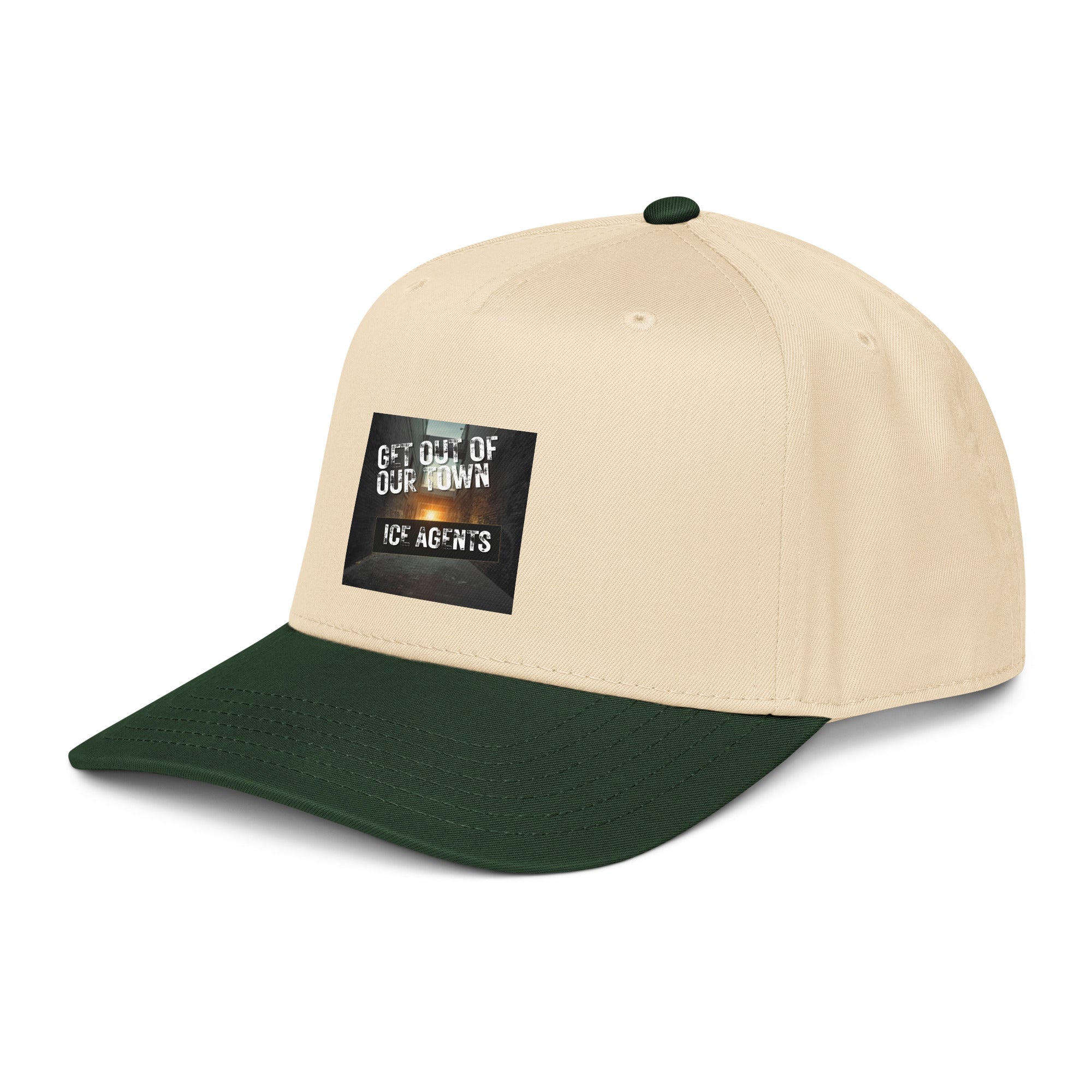 Natural and dark green 5-panel cap with side “Get Out Of Our Town” patch