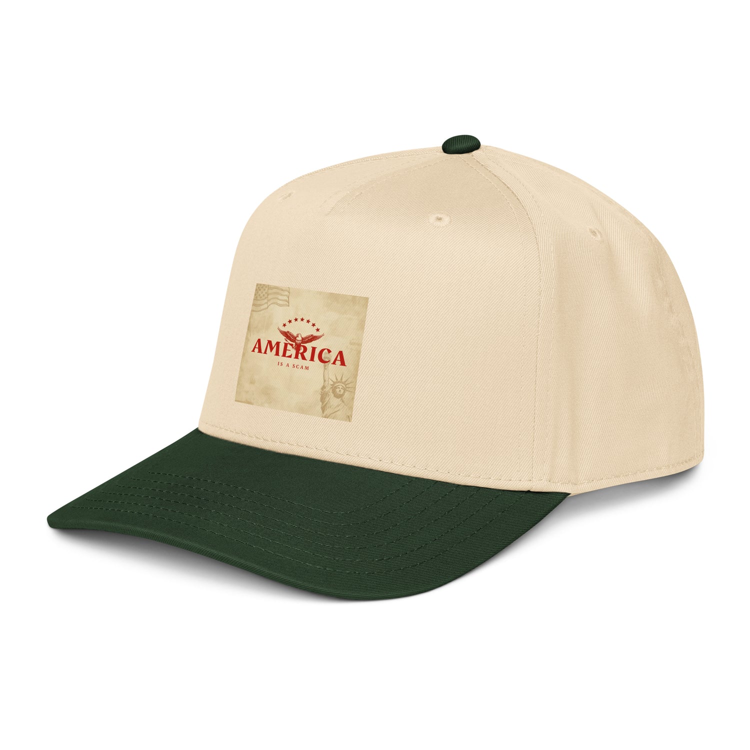 Natural/cream and dark green 5-panel cap side view with America graphic patch