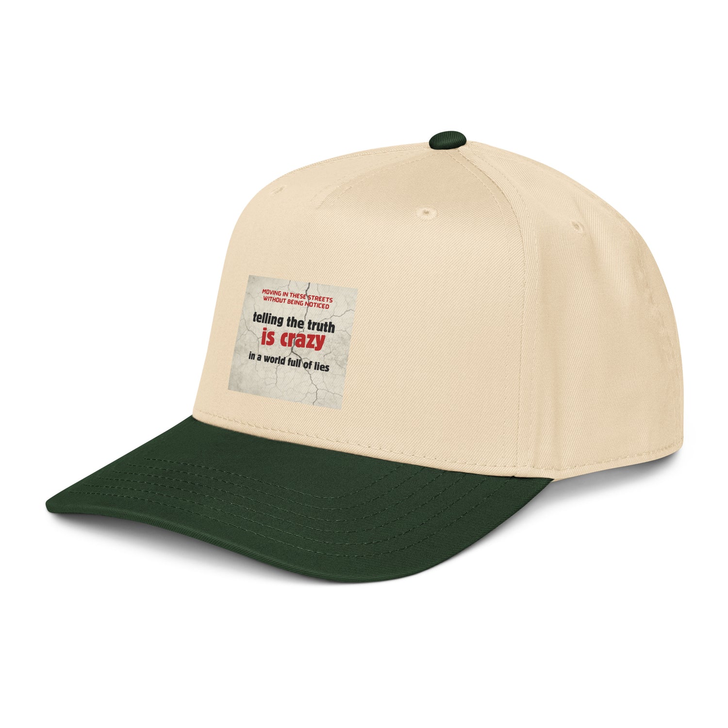 Two-tone natural/dark green 5-panel cap, side view with slogan patch