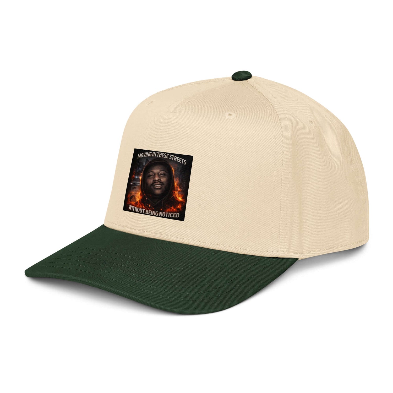 Two-tone dark green/natural 5-panel cap with side front graphic