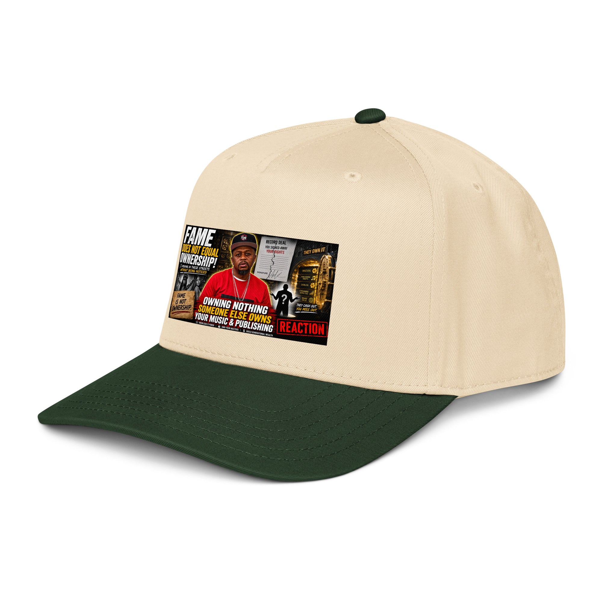 Dark green and natural 5-panel baseball cap with front graphic logo patch