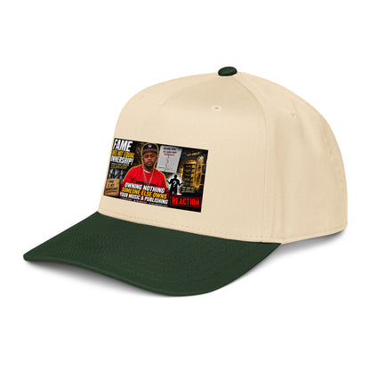 Dark green and natural 5-panel baseball cap with front graphic logo patch