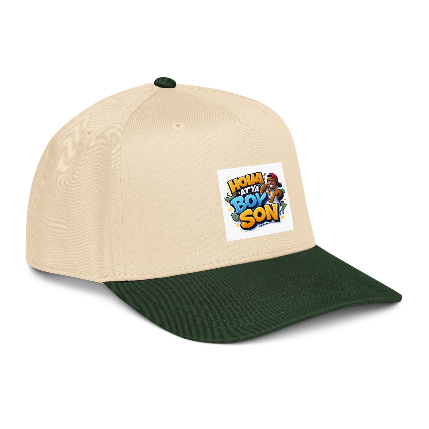 Tan/dark green 5-panel cap, side view with front square graphic patch