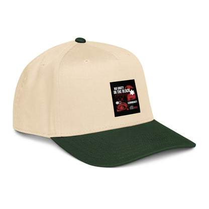 Natural and dark green 5-panel cap angled view with front graphic patch