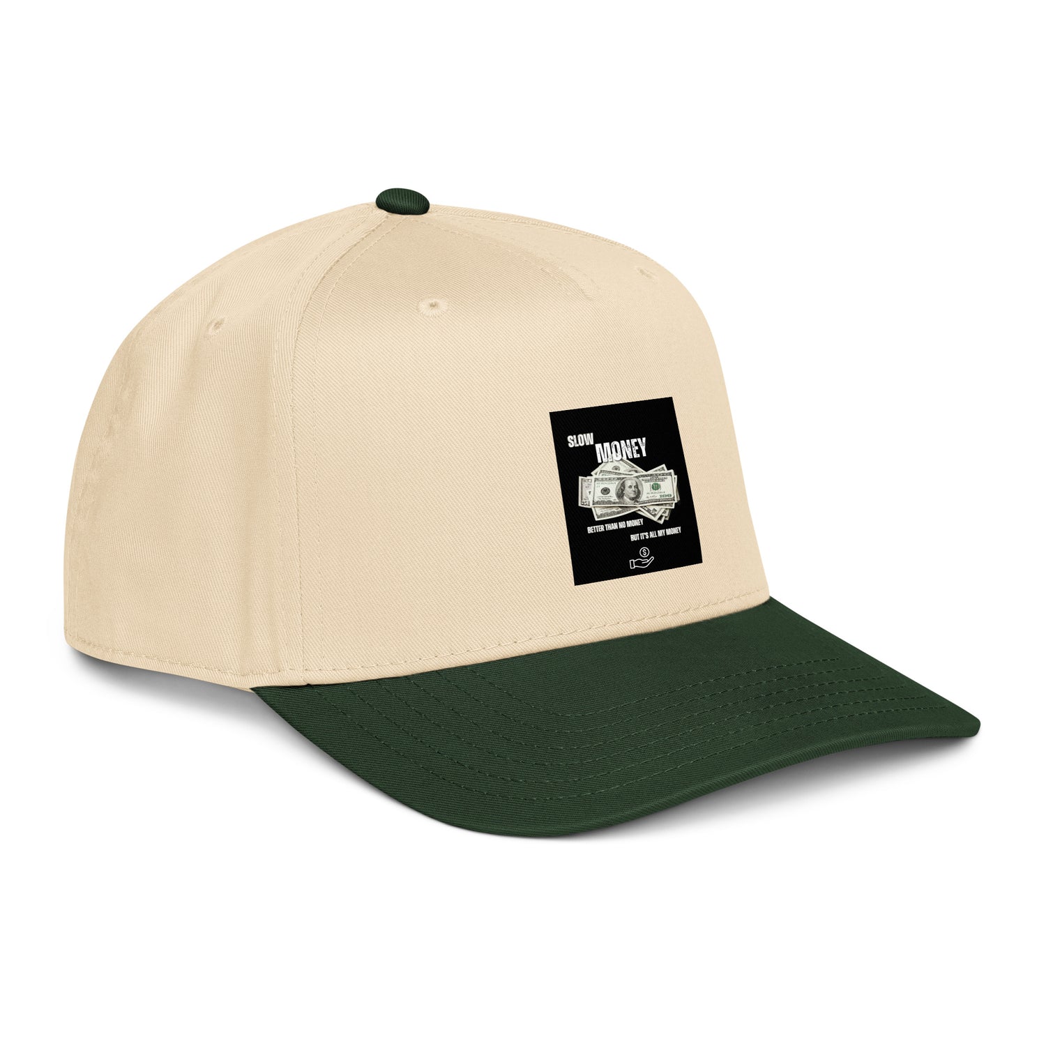 Slow Money 5-panel cap, natural top with dark green brim and front logo patch