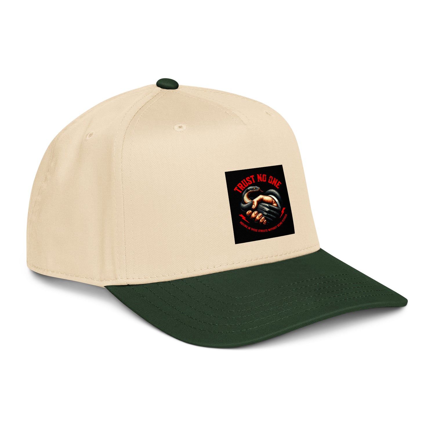 Trust No One 5-panel cap, Dark Green/Natural, side-front angle with logo patch