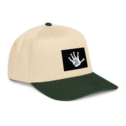 Natural-and-dark-green 5-panel cap angled view with front-side logo patch