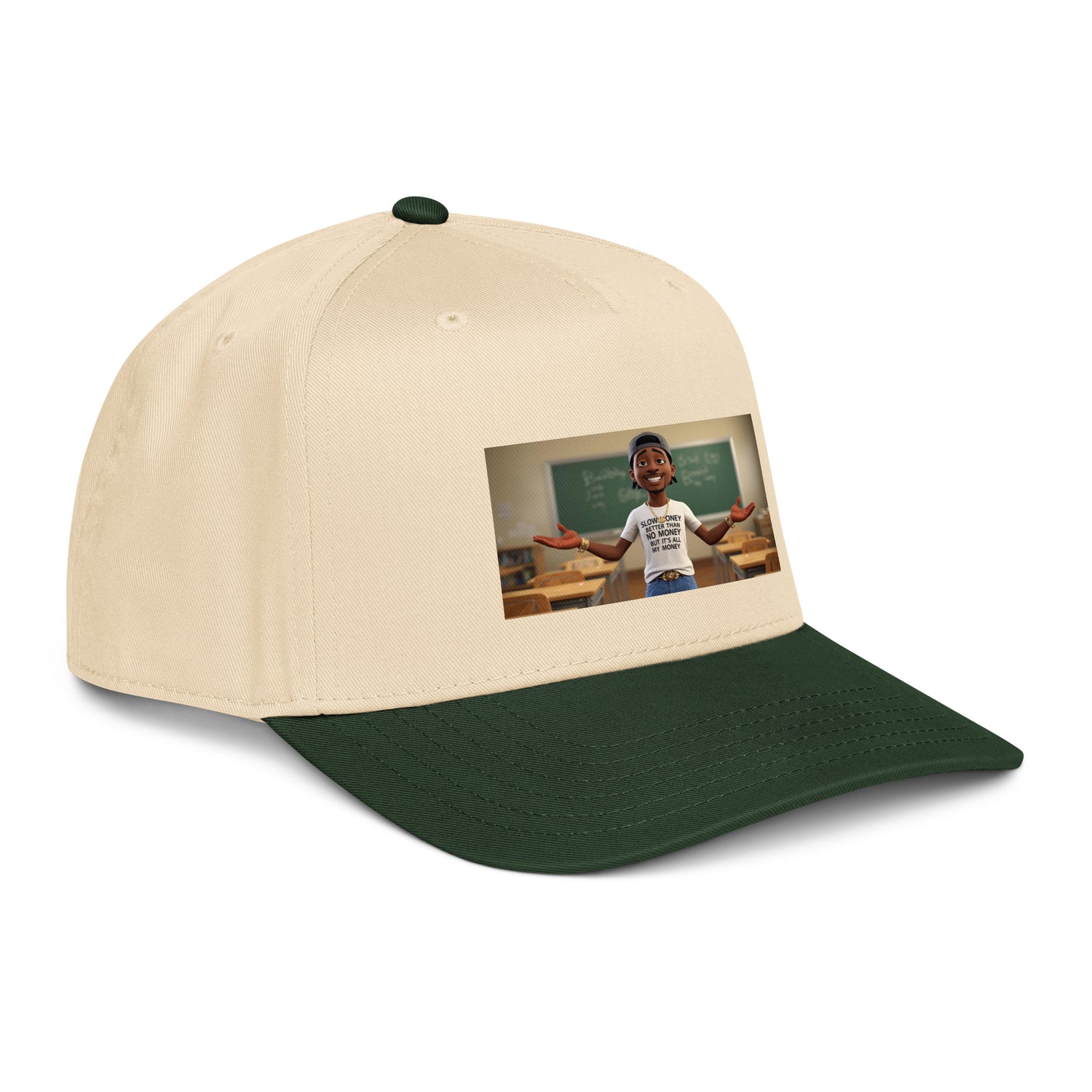 Natural/Deep Green 5-Panel cap, angled front view with graphic patch