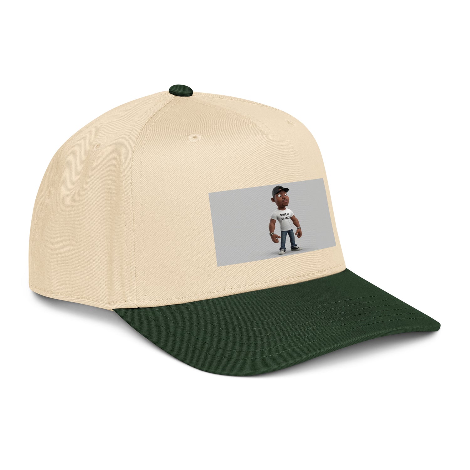 Dark Green/Natural 5 panel cap angled view with front graphic patch