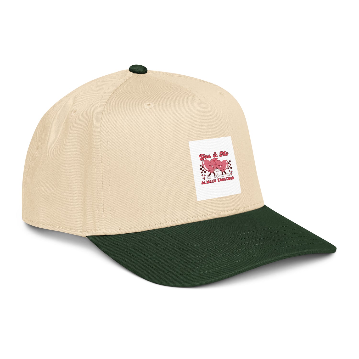Off-white 5-panel cap side view with front logo patch and dark green brim