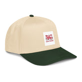 Cream 5-panel cap with green underside brim and front logo patch