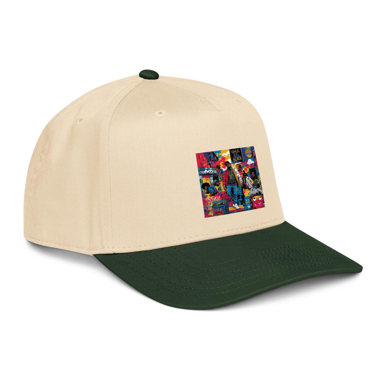 Natural-and-dark-green 5-panel cap with colorful front graphic and green brim