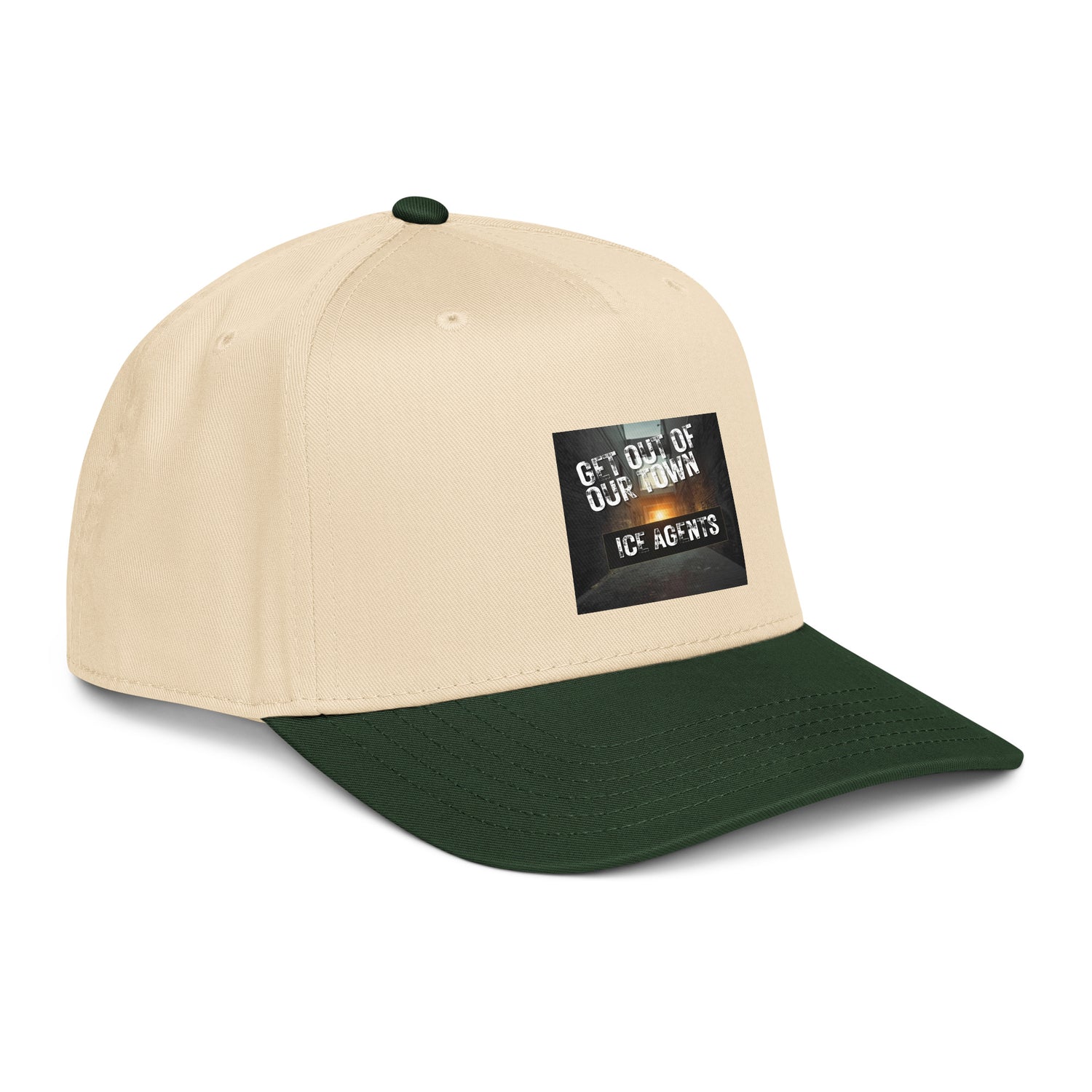 Natural and dark green 5-panel cap front-left angle with “ICE AGENTS” logo