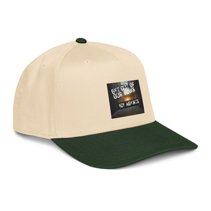 Natural and dark green 5-panel cap front-left angle with “ICE AGENTS” logo