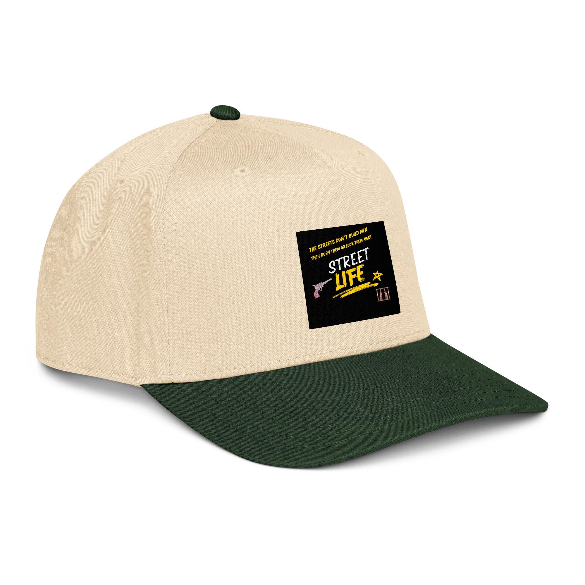 Dark green and natural 5-panel cap angled view with front logo patch.