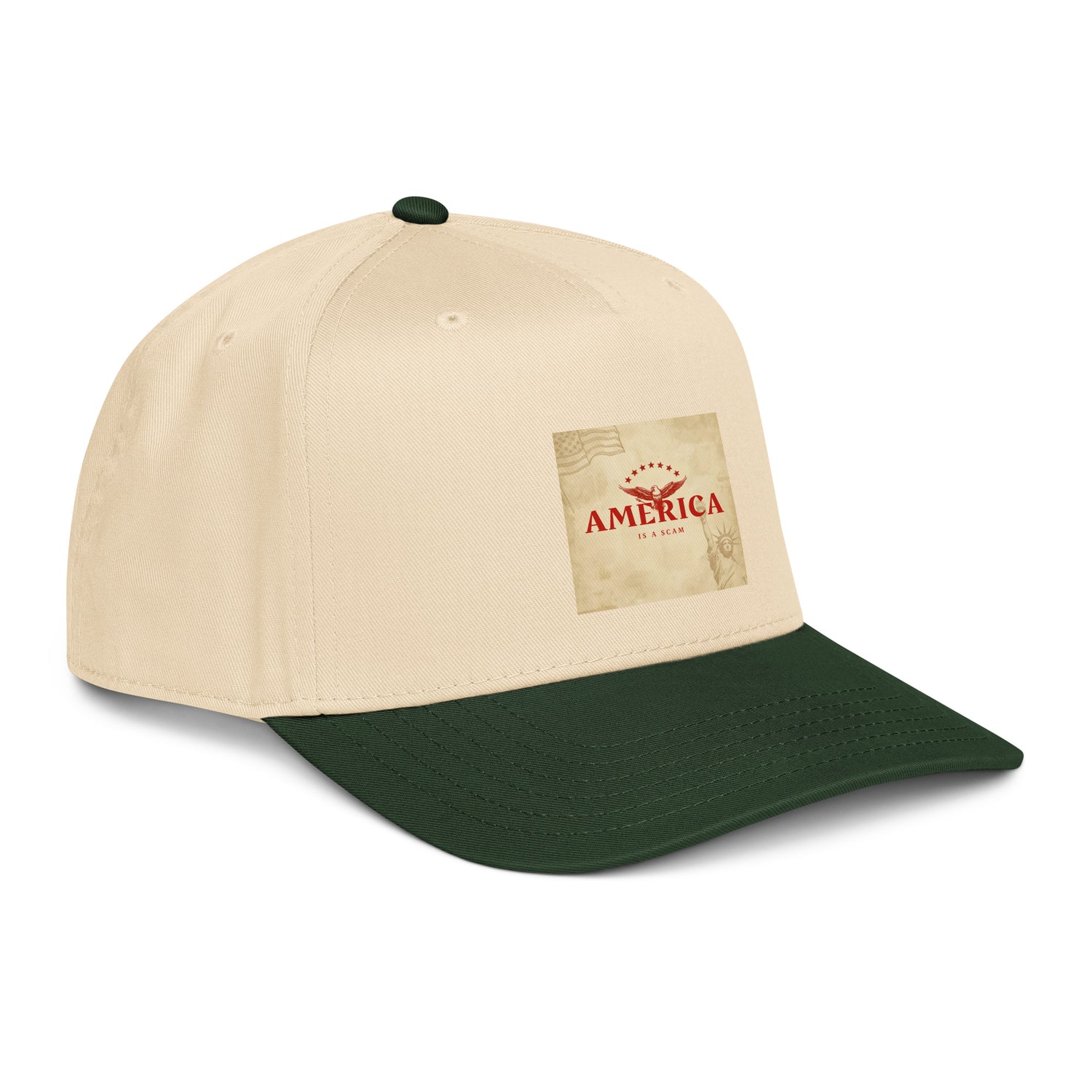 Natural/cream 5-panel cap with dark green brim and front America logo patch