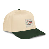 Two-tone natural and dark green 5-panel cap with slogan patch on crown