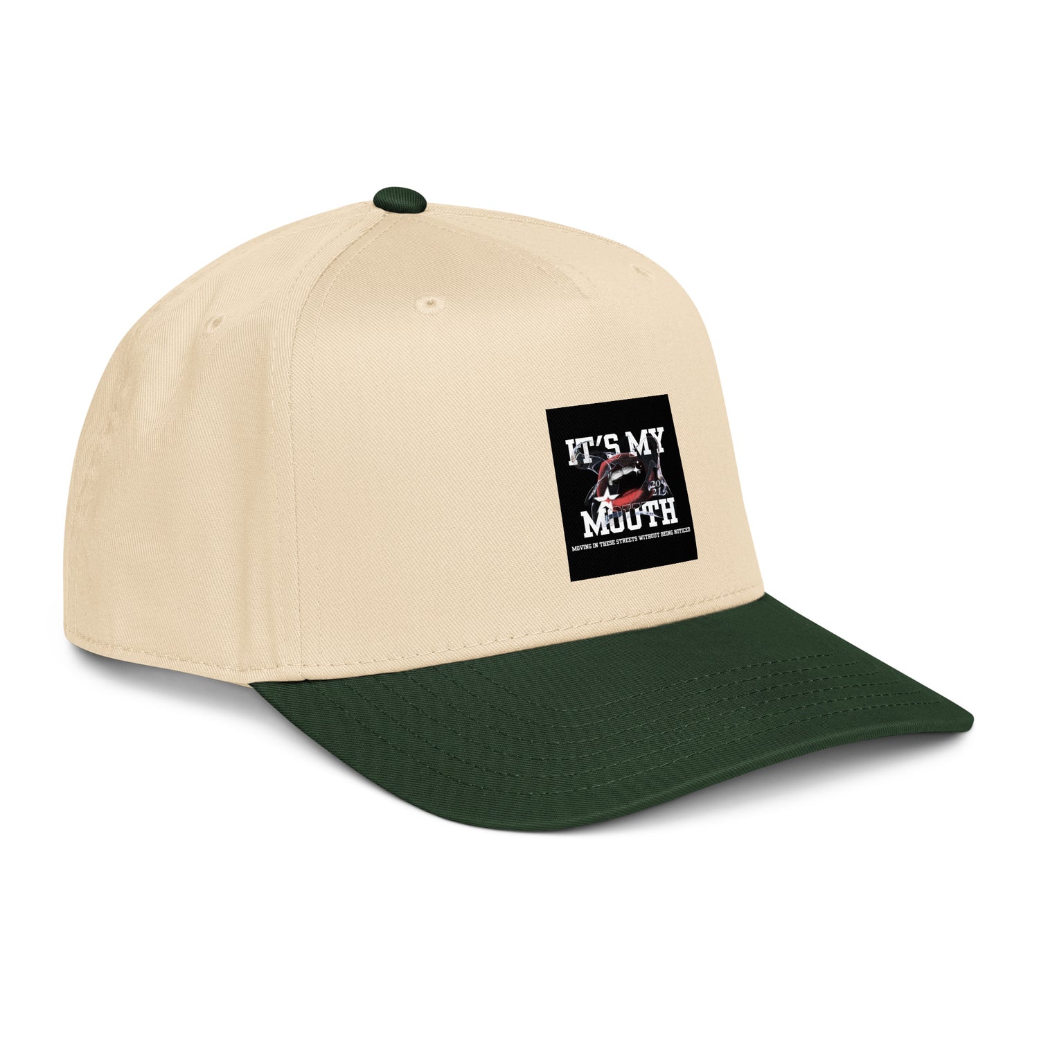 5-panel cap angle view, natural crown with dark green brim and front logo