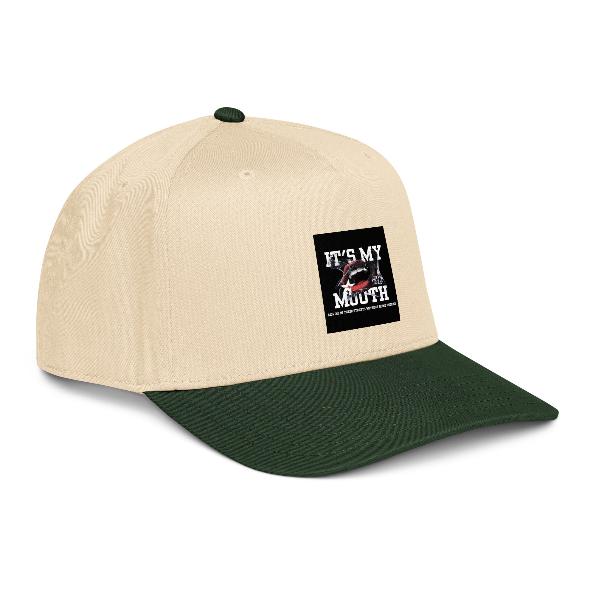5-panel cap angle view, natural crown with dark green brim and front logo