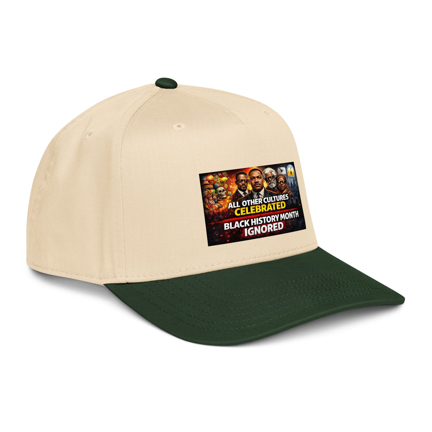 Black History Month 5 panel cap, natural crown with dark green brim and front patch