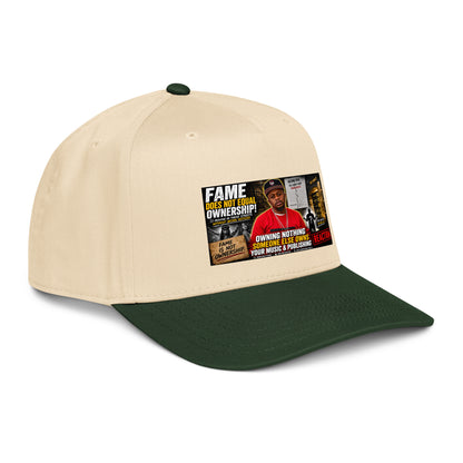 Dark green and natural 5-panel baseball cap front graphic logo patch angled view