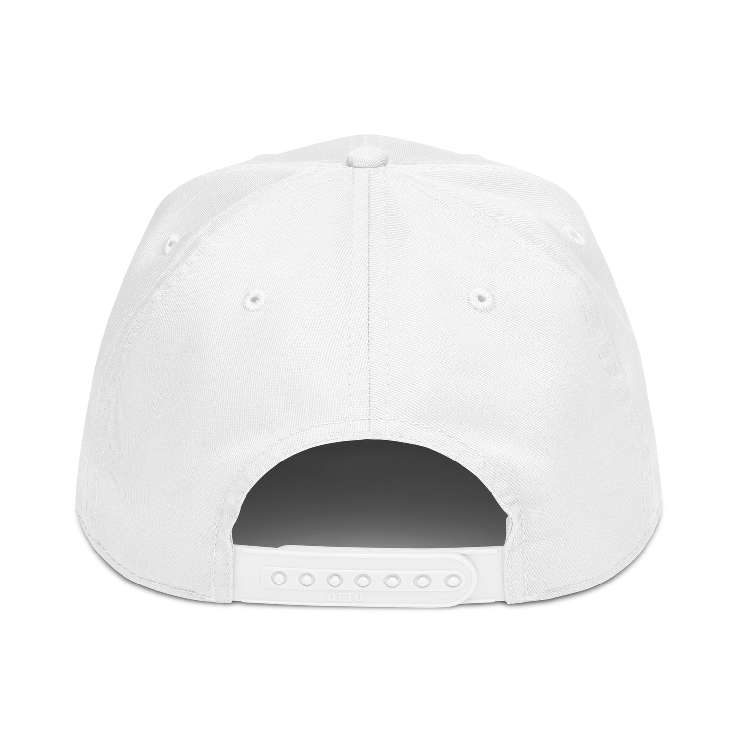 White 5-panel baseball cap back view with adjustable strap and curved brim