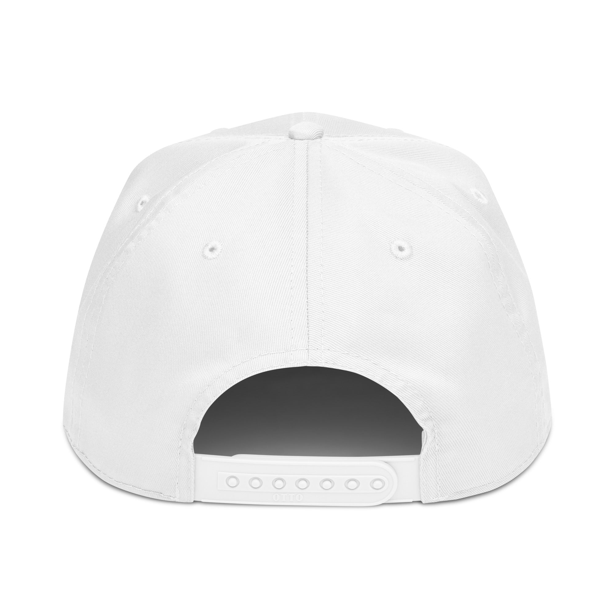 White 5-panel baseball cap back view with adjustable strap and curved brim