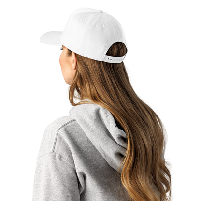 White 5-panel cap with curved brim, back view and adjustable strap details