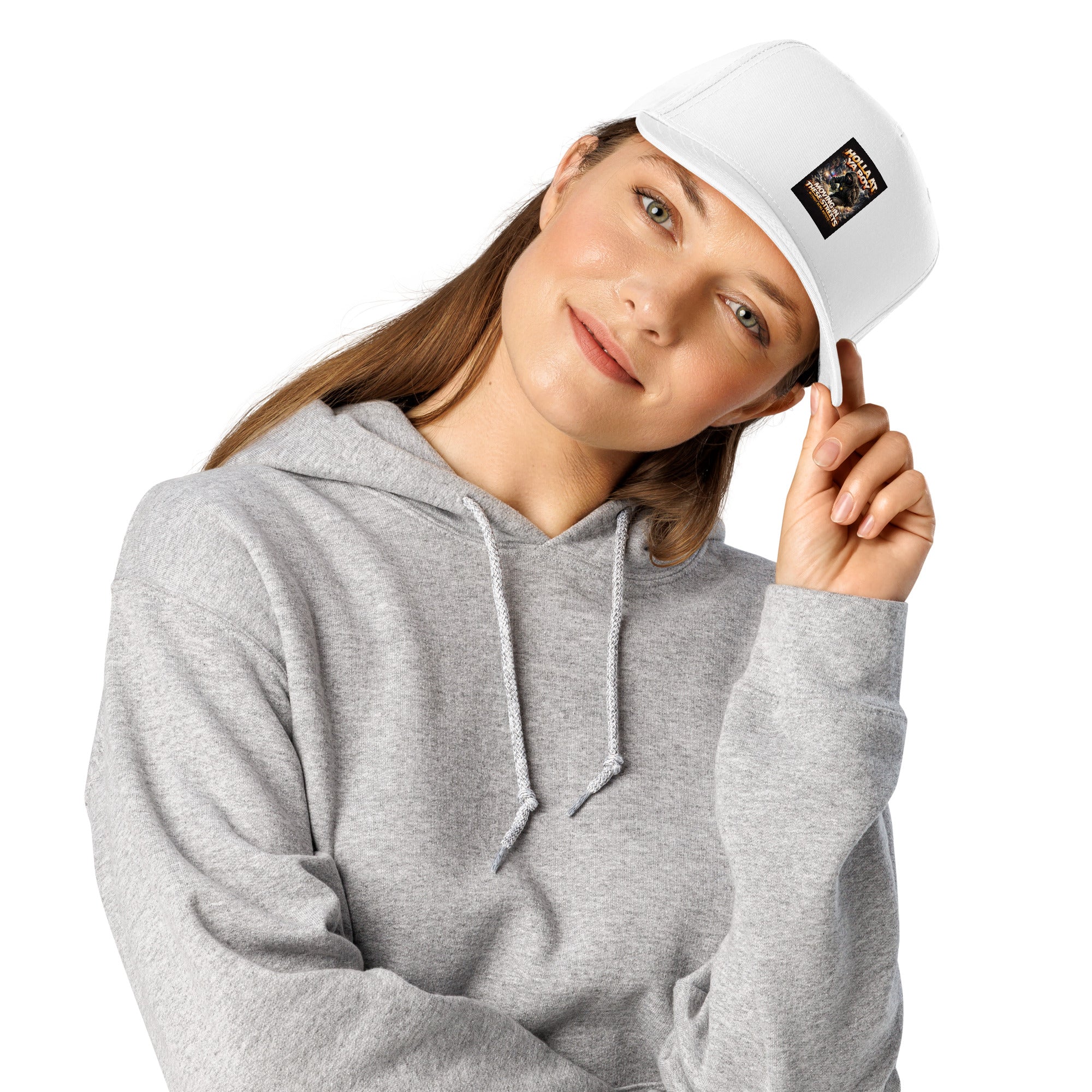 White 5-panel cap with front logo patch and curved brim